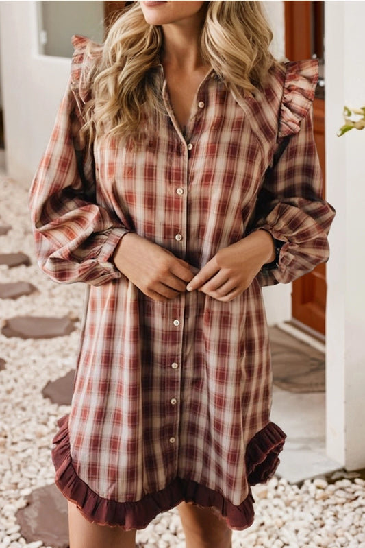 Plaid Ruffle Hem Patchwork Shirt Dress