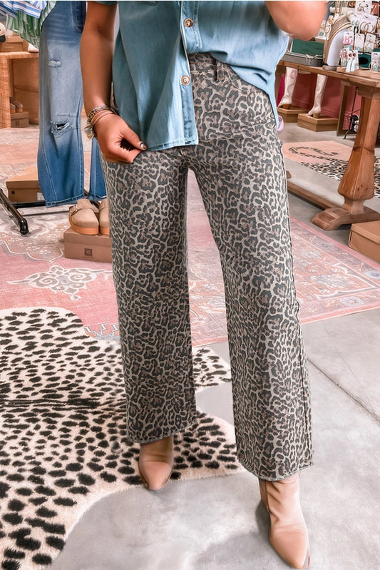 Western Leopard Frayed Edge Wide Leg High Waist Jeans