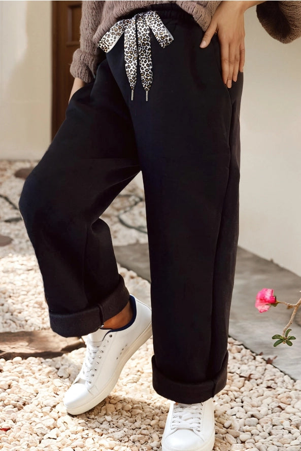 Fleece Lined Leopard Drawstring Elastic Waist Pants