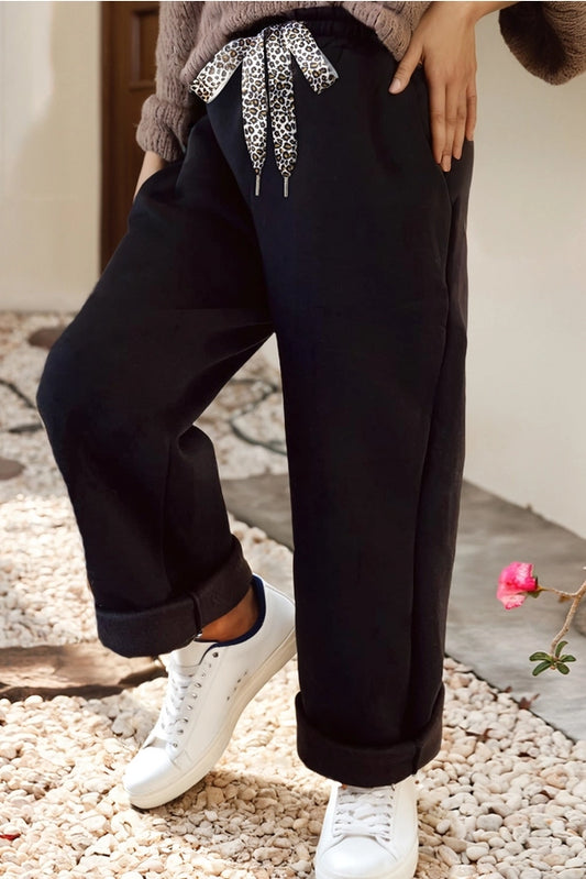 Fleece Lined Leopard Drawstring Elastic Waist Pants