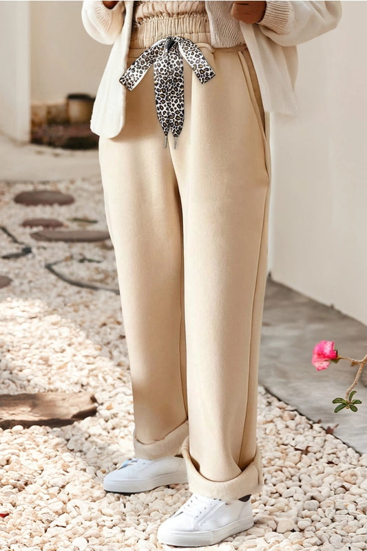 Fleece Lined Leopard Drawstring Elastic Waist Pants
