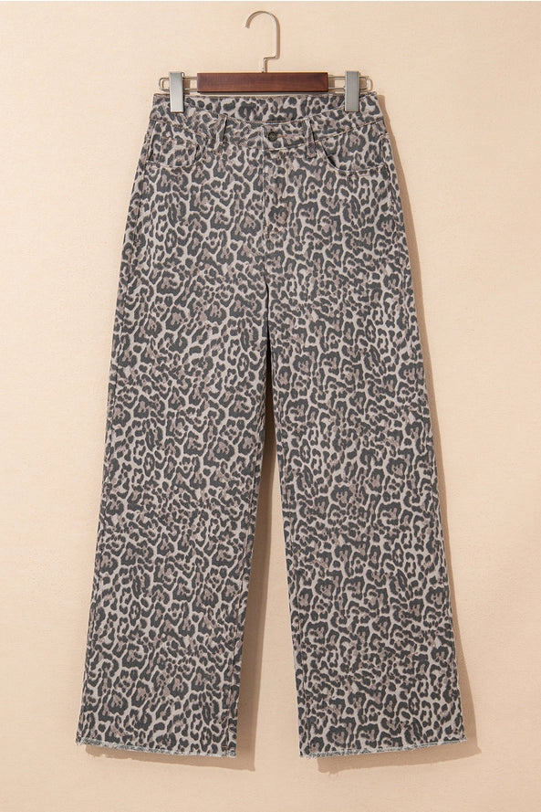 Western Leopard Frayed Edge Wide Leg High Waist Jeans